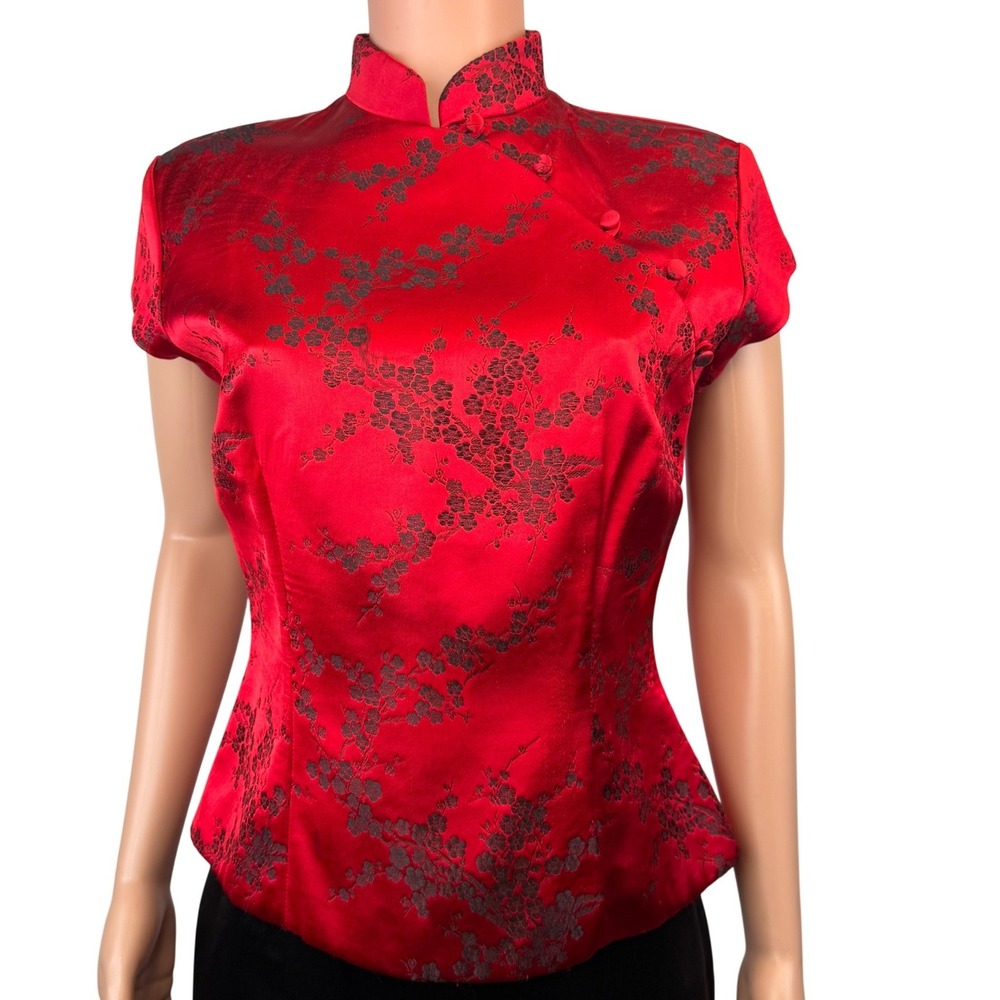 Y2K Xscape Joanna Chen Red Black Jacquard Cheongsam Top Mandarin Frog Blouse 8